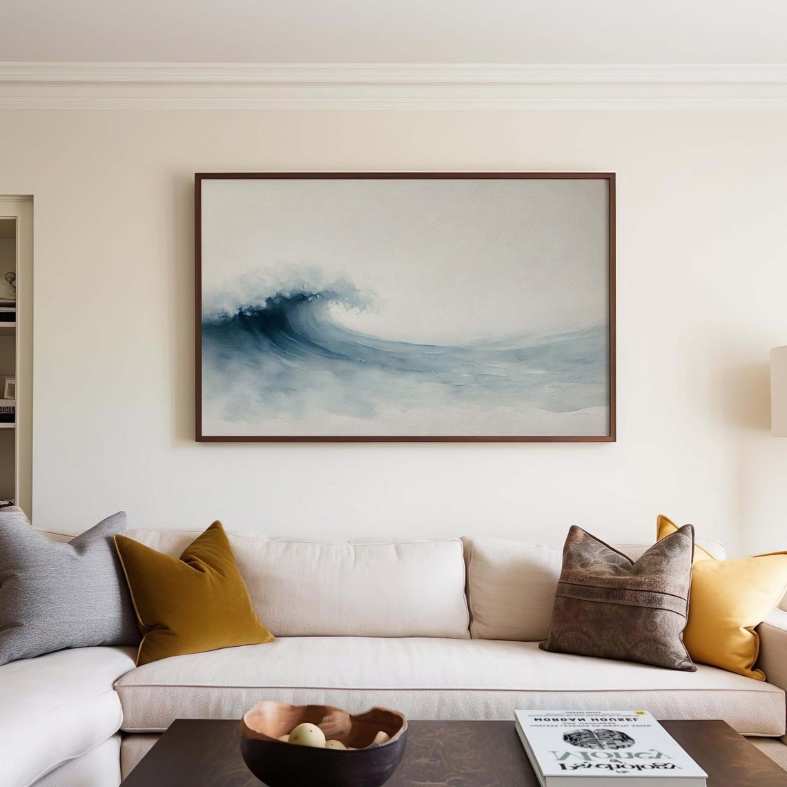 Rolling Ocean Wave Watercolor Deep Blue Coastal Wall Art for Home