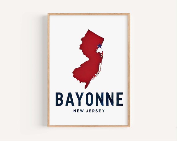 Bayonne New Jersey Red State Silhouette With Star City Map Poster