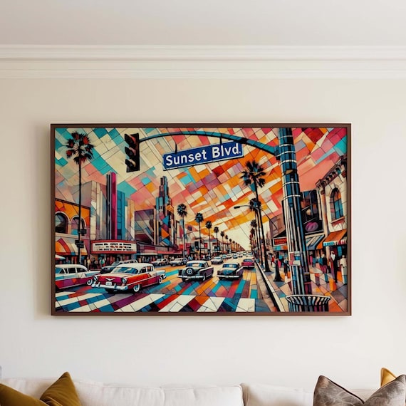 Retro Sunset Boulevard LA Cubist Colorful Street Scene Poster