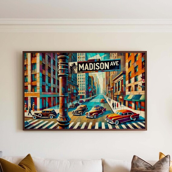Madison Avenue New York Vintage Cars Cubist City Street Poster