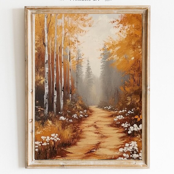 Golden Autumn Path Through Birch Trees With White Wildflowers Print