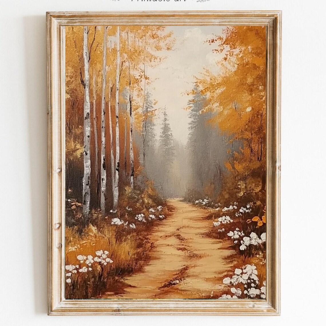Golden Autumn Path Through Birch Trees With White Wildflowers Print