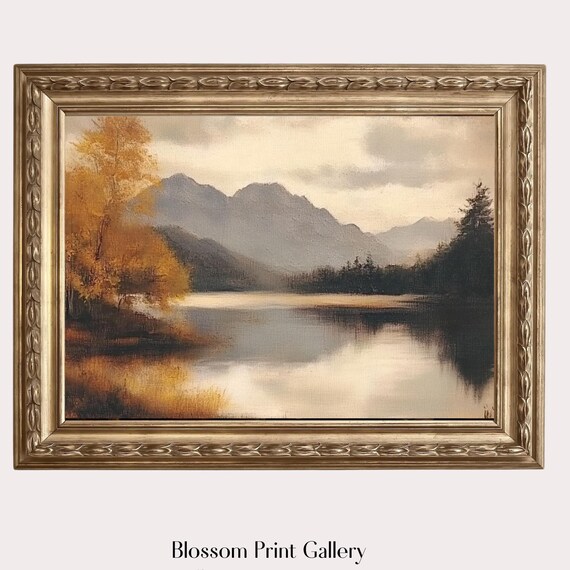 Moody Autumn Mountain Lake with Golden Fall Trees Reflection Poster
