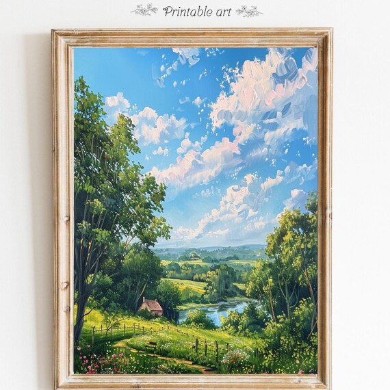 Sunny Countryside Pond Cottage Dramatic Clouds Landscape Poster