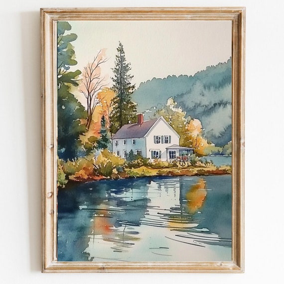 Watercolor Countryside Painting Lake House Landscape Wall Art Living Room Decor Farmhouse Print Cottagecore Fall Countryside 709