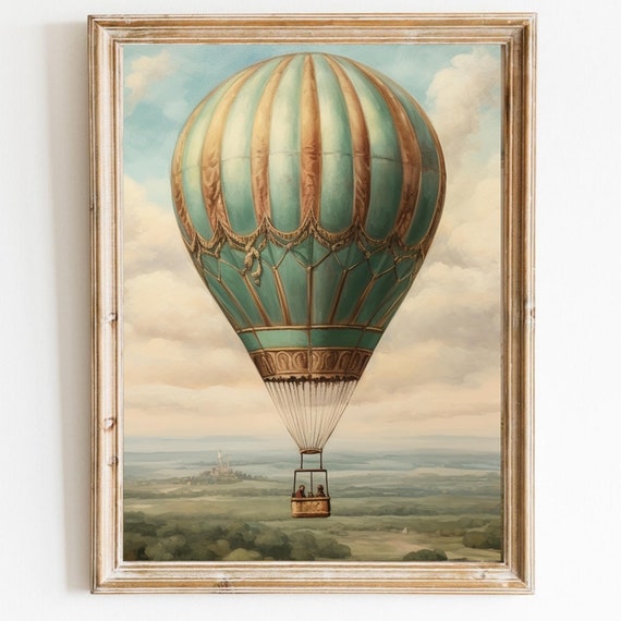 Vintage Whimsical Hot Air Balloon Art Cottage Nursery Print Cloud Painting Neutral Childrens Nursery Decor Wall Art 663