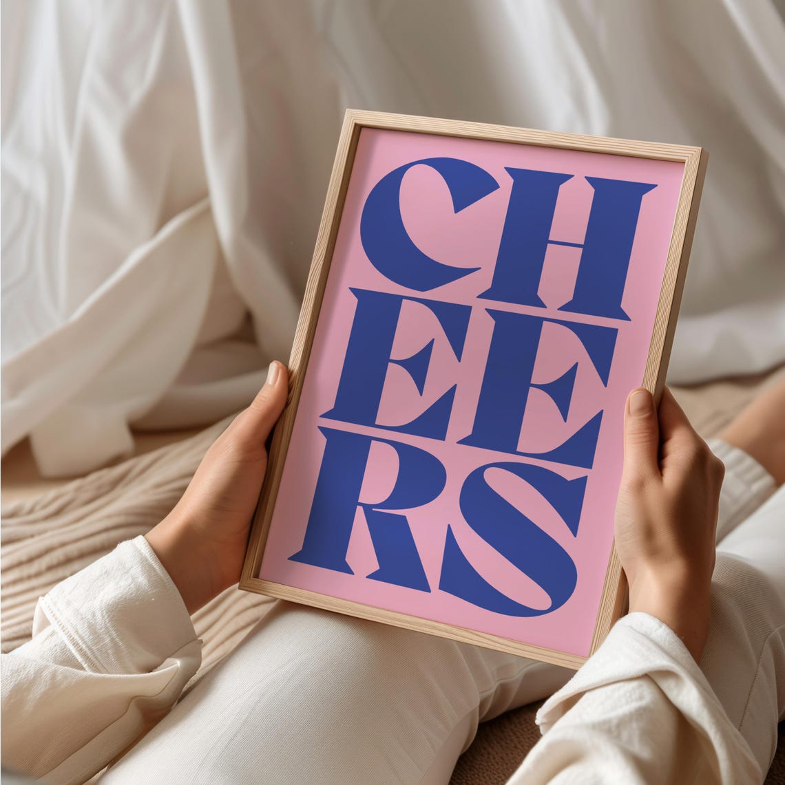 Cheers Print Pink Pastel Typography Wall Art Retro Kitchen Poster Trendy Modern Home Decor