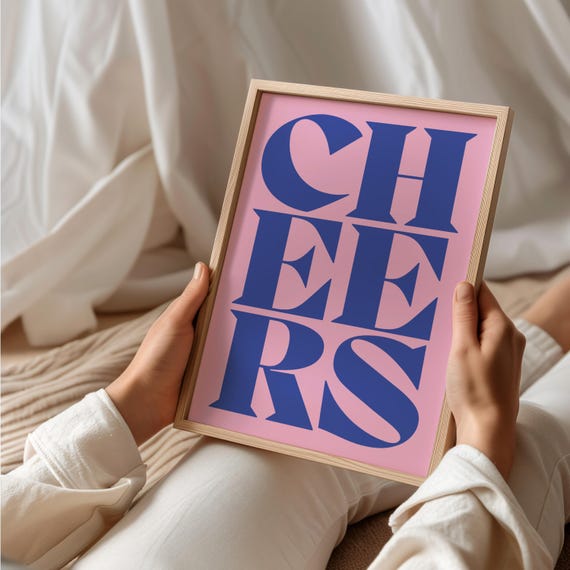 Cheers Print Pink Pastel Typography Wall Art Retro Kitchen Poster Trendy Modern Home Decor