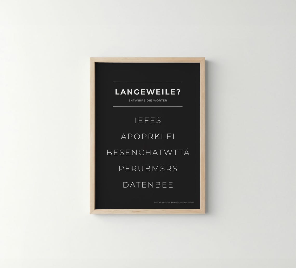 Langeweile German Word Puzzle Poster Black Minimalist Bathroom Decor