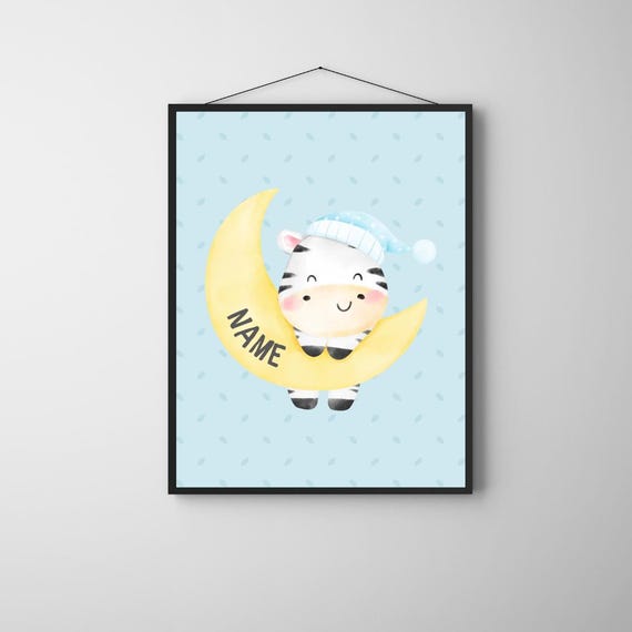 Personalized Sleepy Zebra Moon Name Poster Watercolor Nursery Nightcap