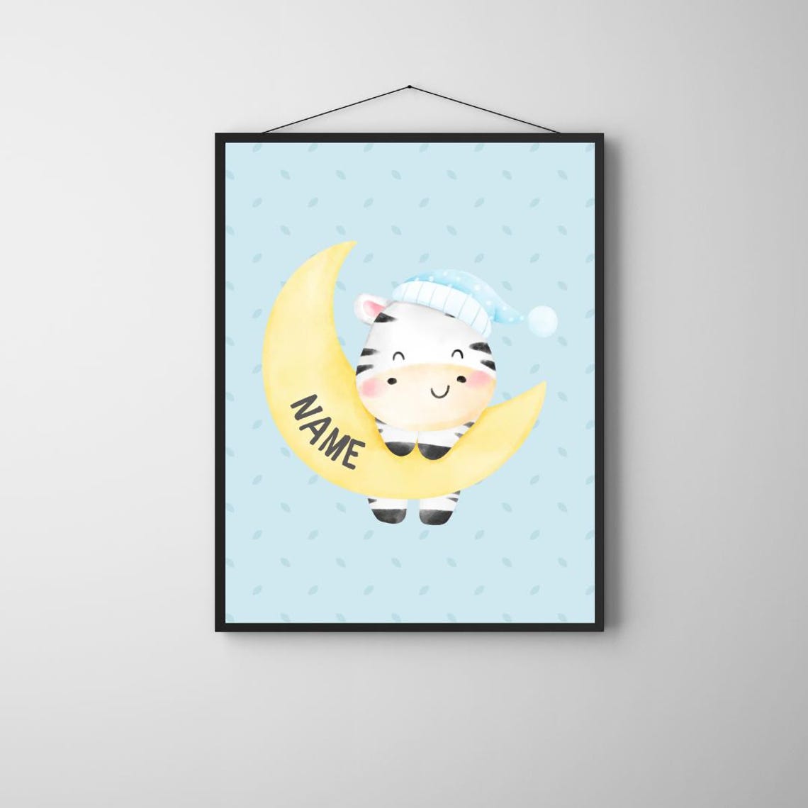 Personalized Sleepy Zebra Moon Name Poster Watercolor Nursery Nightcap