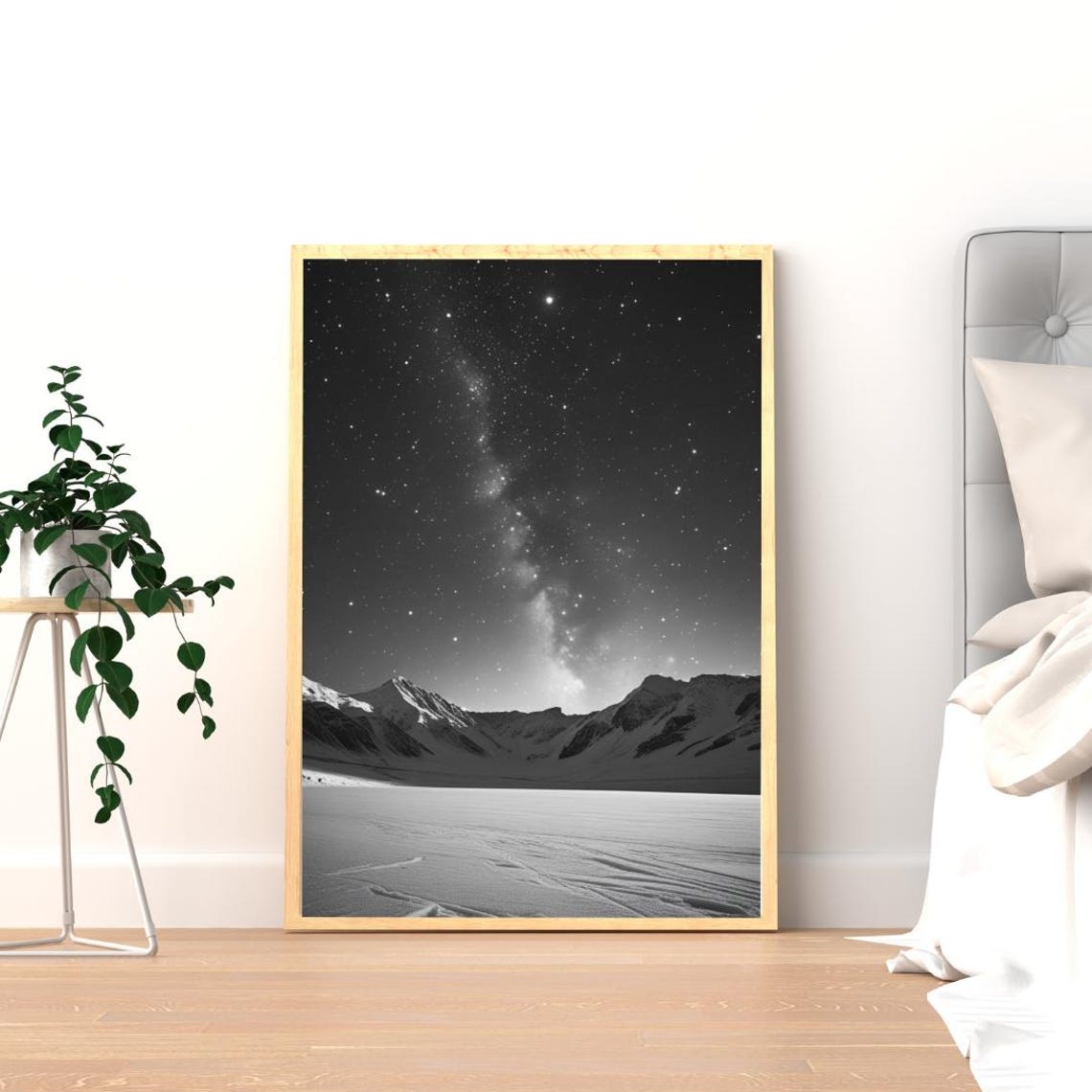Milky Way Stars Snowy Mountain Night Black And White Photo Poster