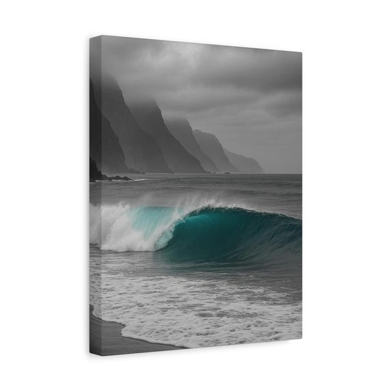 Ocean Wave Wall Art Moody Coastal Landscape Print With Blue Sea Curl Beach Nature Photography Minimalist Seascape Poster Internal Two