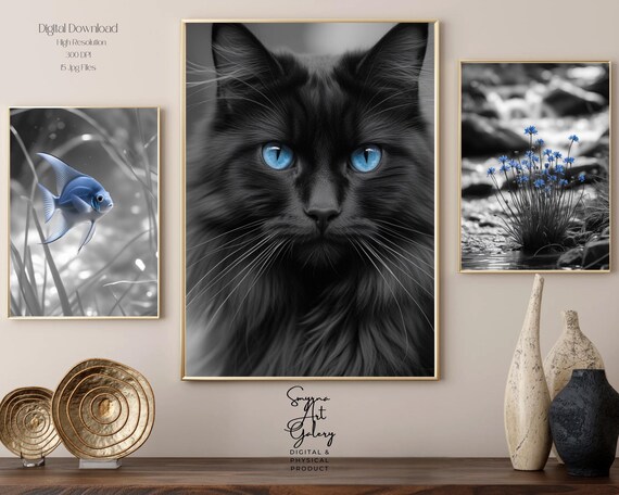 Black Cat with Blue Eyes Floral Selective Color Photo Poster
