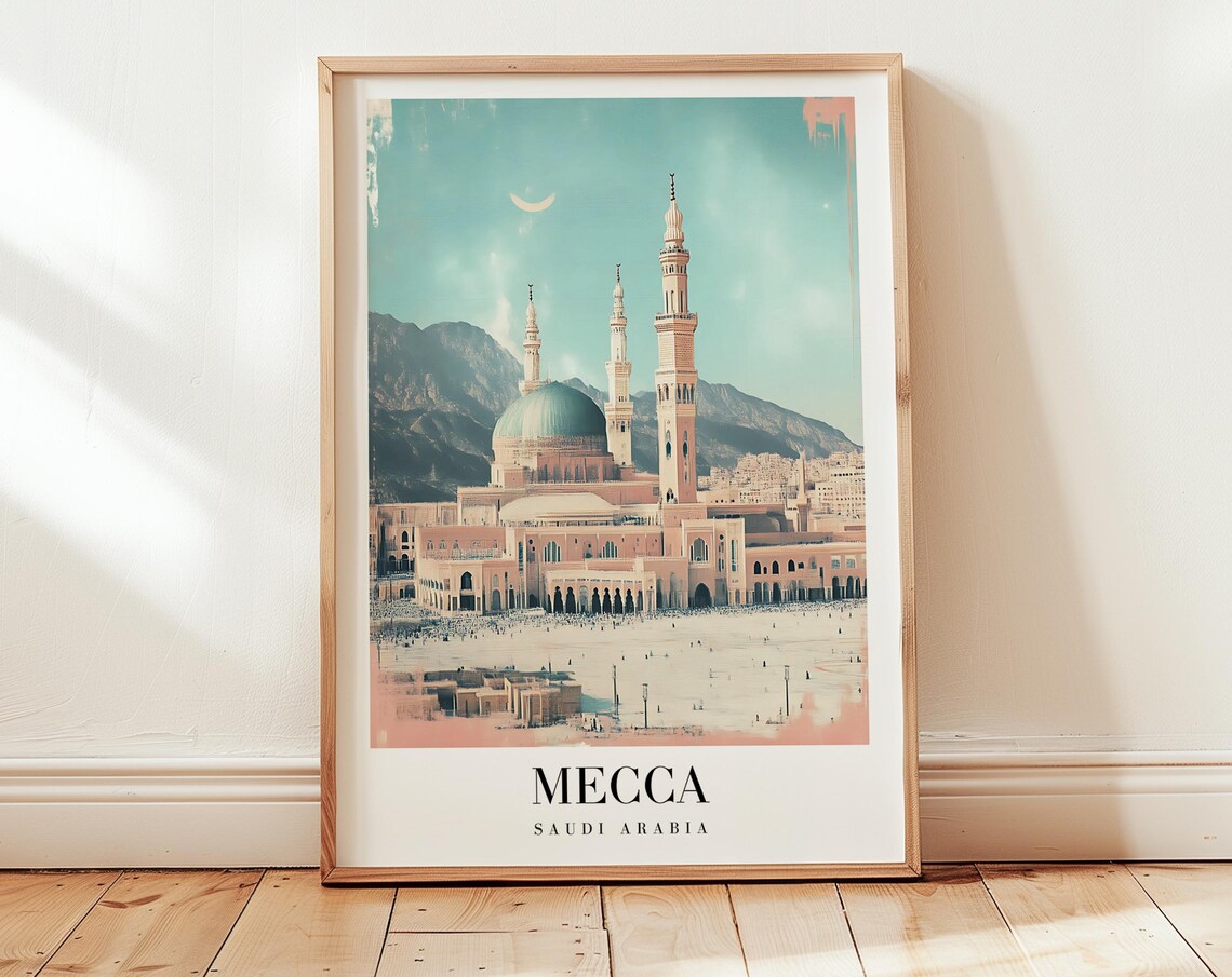 Mecca Saudi Arabia Grand Mosque Serene Spiritual Warm Travel Poster