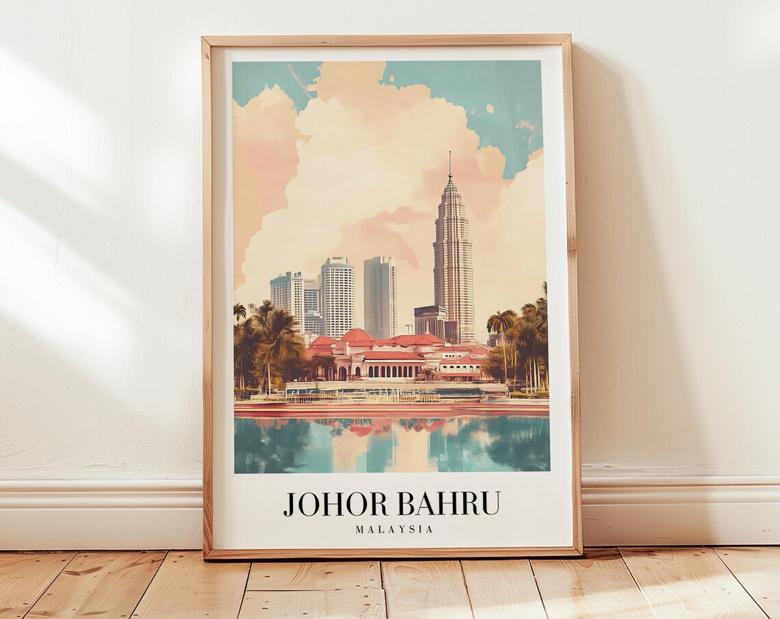 Johor Bahru Malaysia Waterfront Skyline Minimalist Travel Art Poster