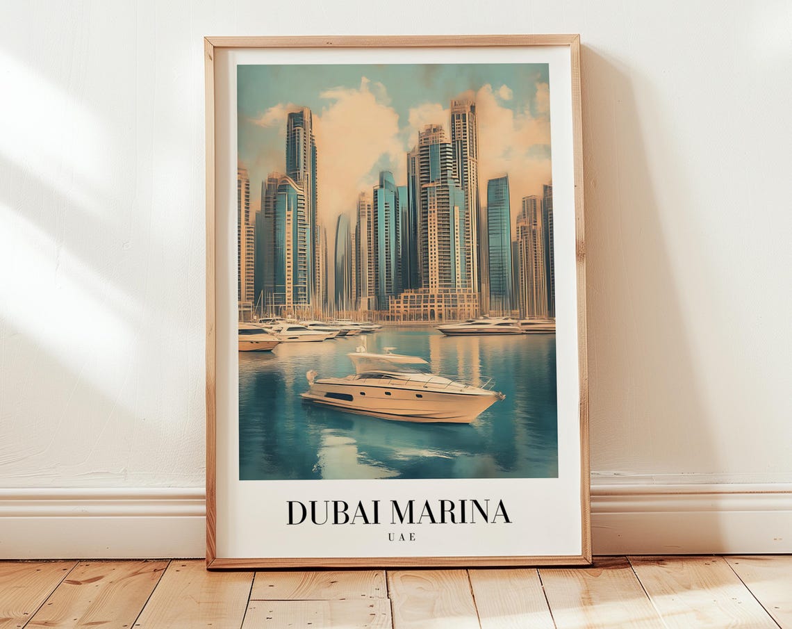 Dubai Marina UAE Luxury Yachts Skyscraper Harbor Travel Poster
