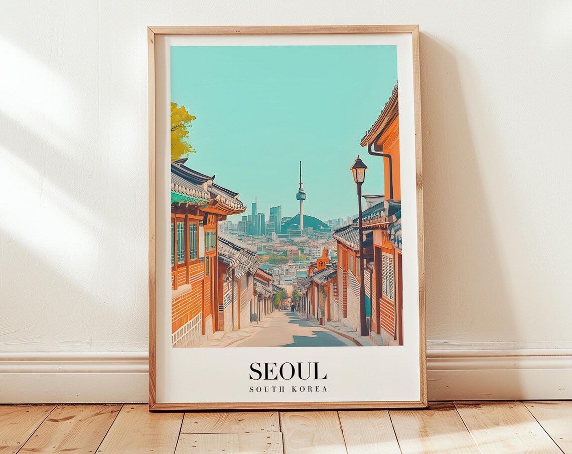Seoul South Korea Hanok Street Tower Minimalist Travel Decor Poster
