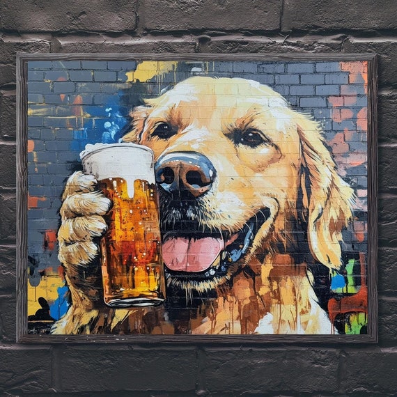 Golden Retriever Drinking Beer, Funny Animal Poster