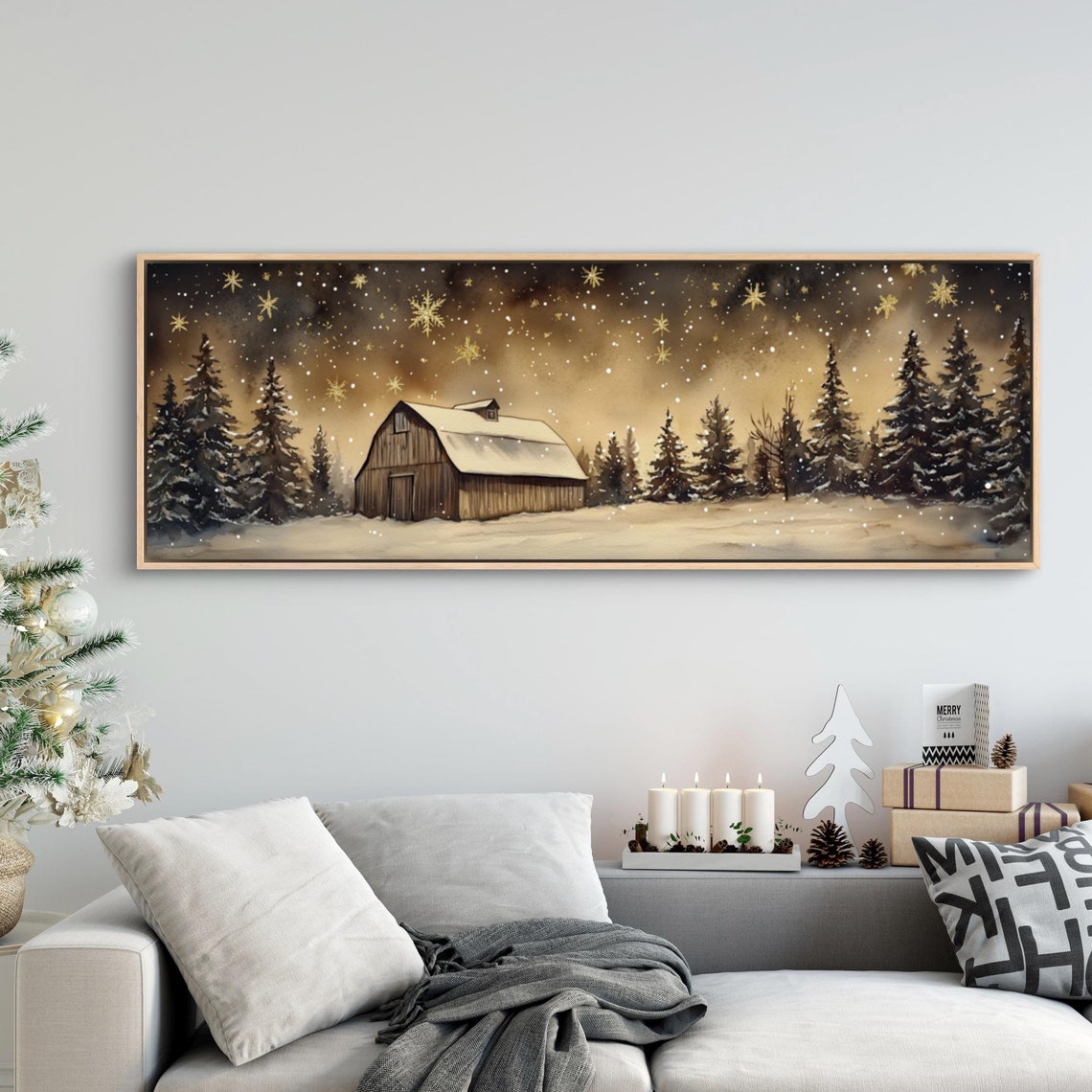 Rustic Snowy Barn Winter Night Golden Snowflakes Farmhouse Wall Art