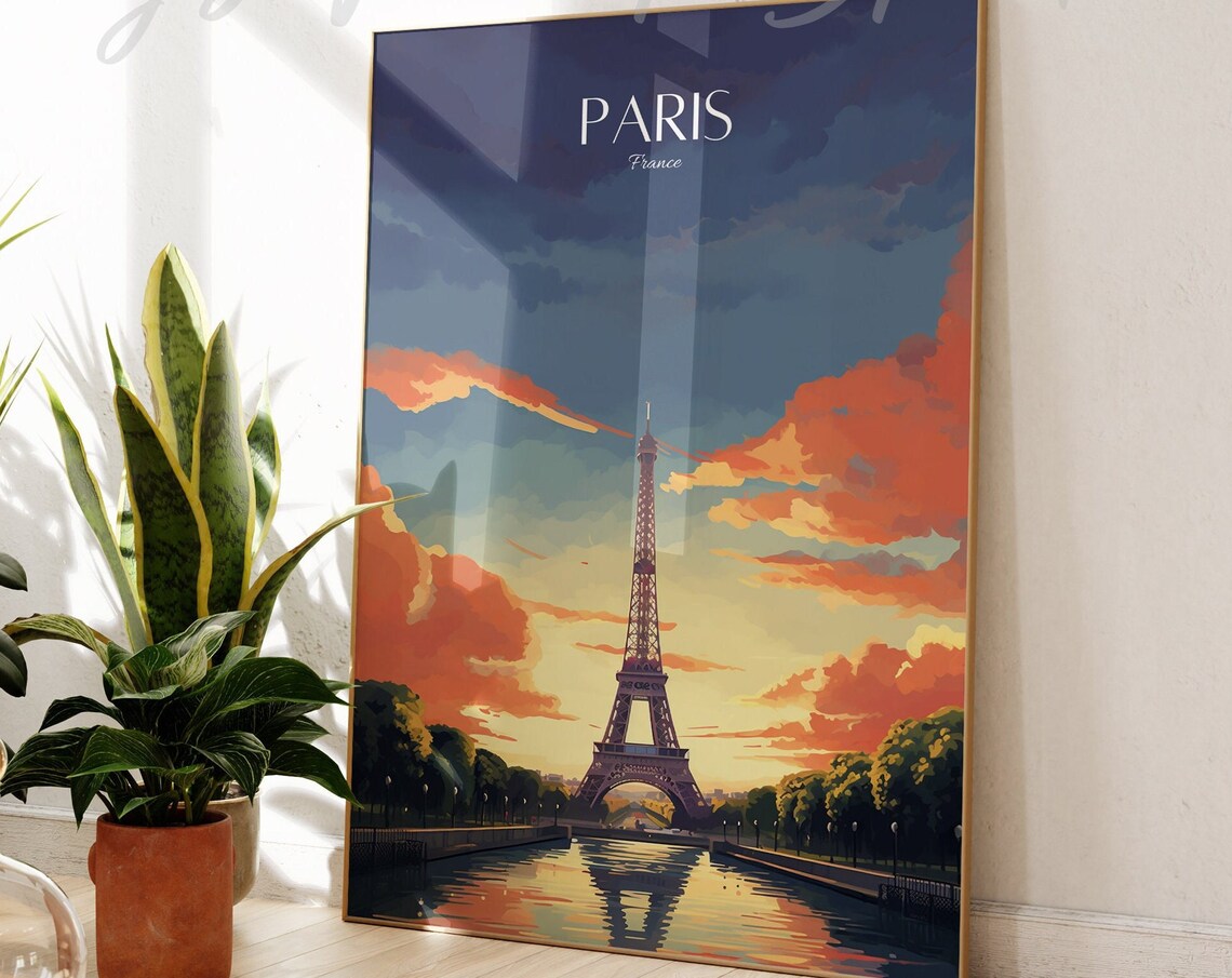 Paris Eiffel Tower Seine Sunset Dramatic Clouds Romantic France Travel Poster