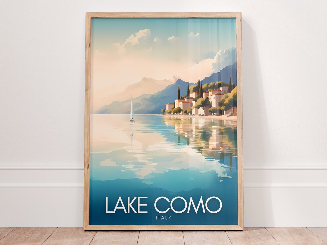 Lake Como Italy Lakeside Village Sailboat Morning Travel Poster