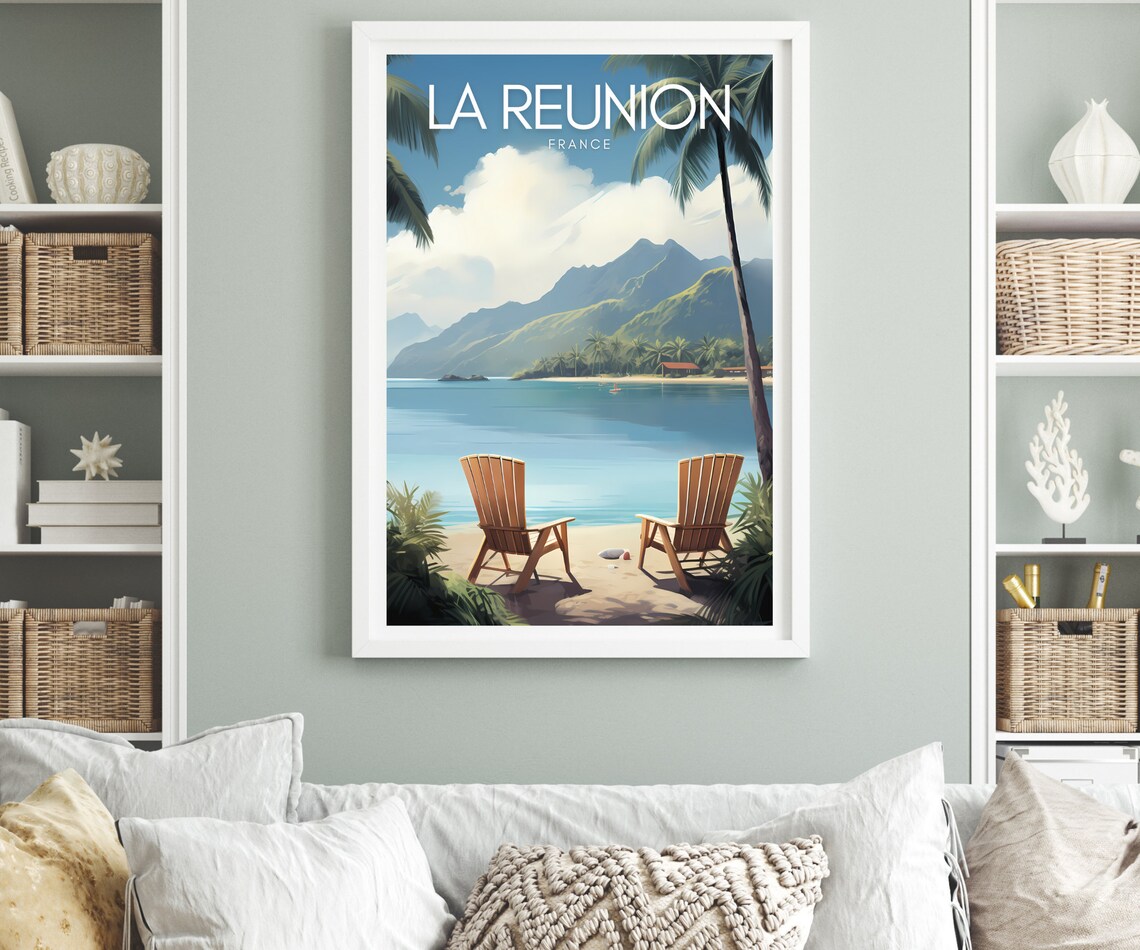 La Reunion France Tropical Beach Palms Mountains Travel Poster - Image 3
