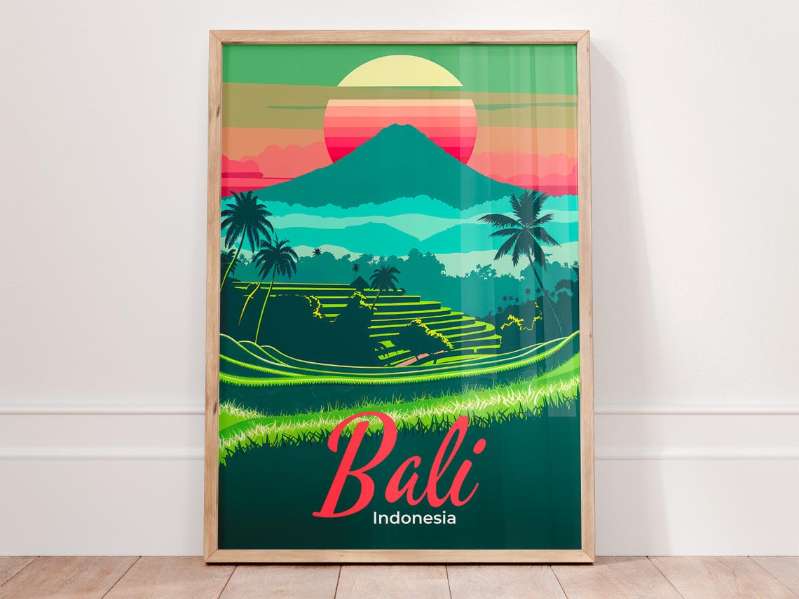Bali Indonesia Volcano Rice Terraces Palm Sunset Travel Poster