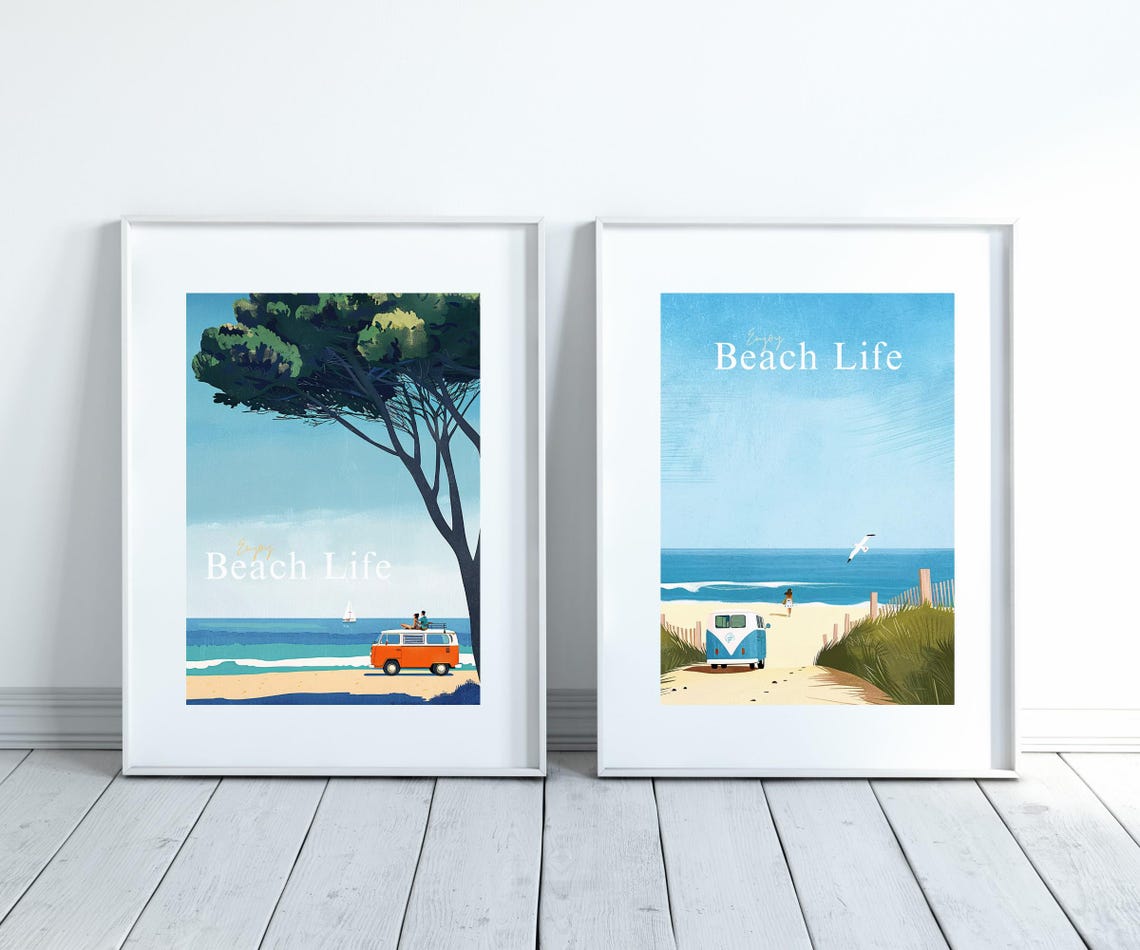 Vintage Orange Camper Van Under Coastal Pines Beach Escape Poster - Image 3