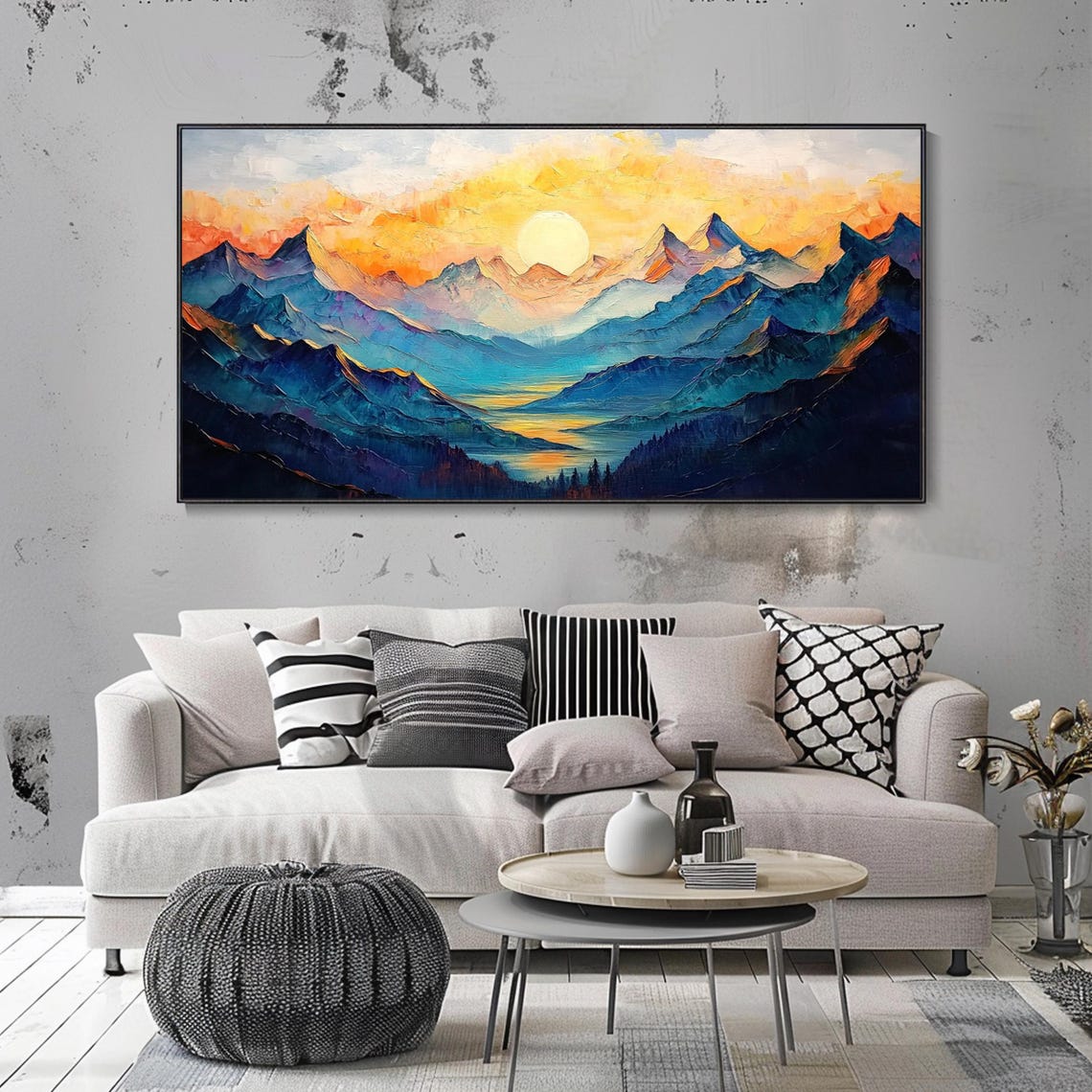 Sunrise Blue Mountain Ranges Golden Sky Impasto Landscape Art Poster - Image 2
