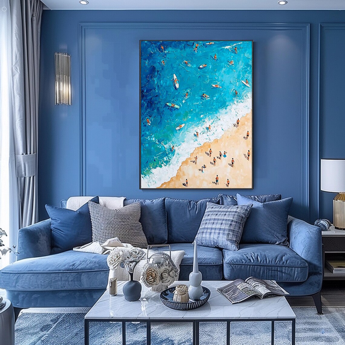 Aerial Beach Crowd Turquoise Water Swimmers Surfers Impasto Wall Art - Image 3