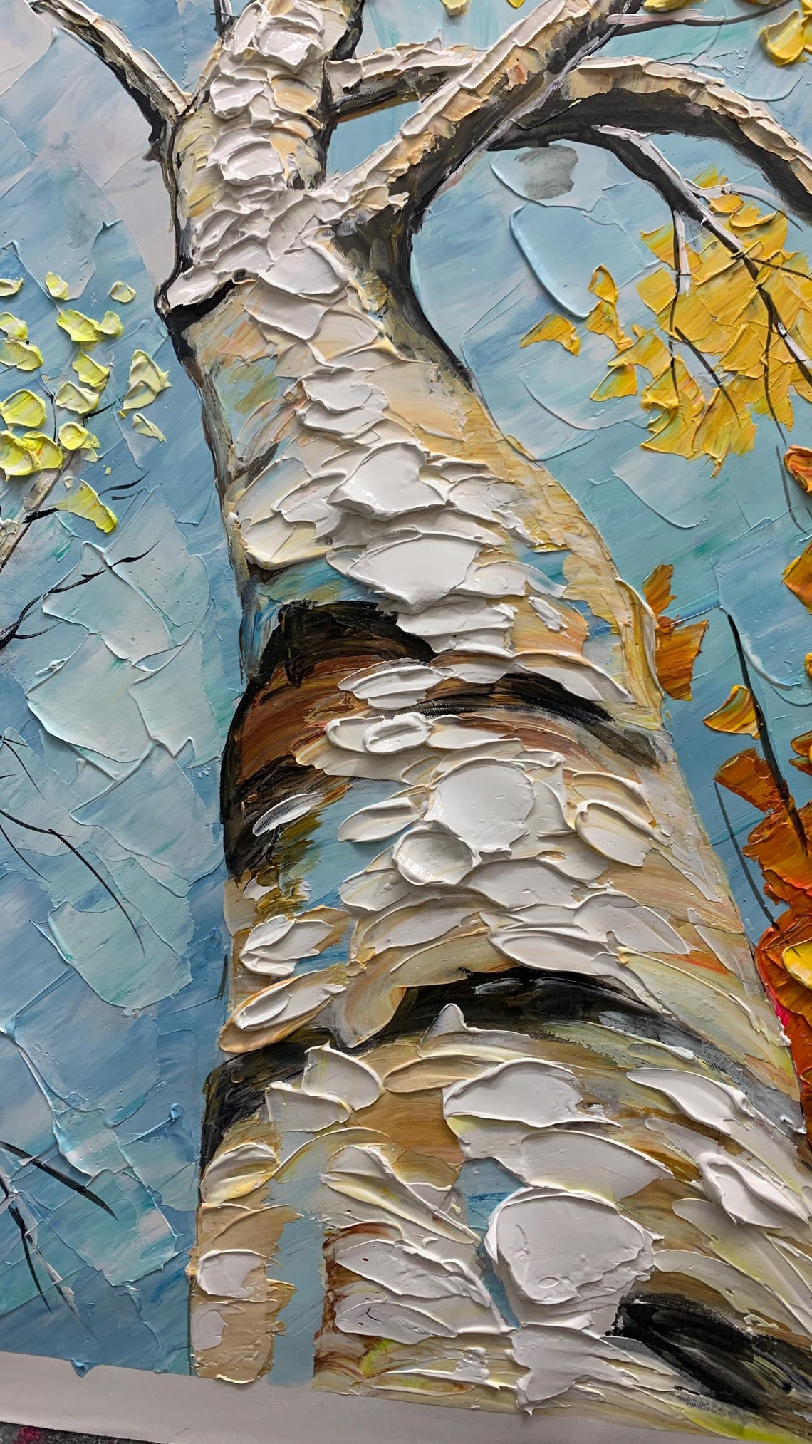 Autumn Birch Trees Looking Up Orange Leaves Blue Sky Impasto Wall Art - Image 3