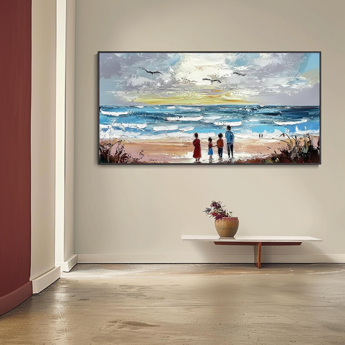 Family Beach Walk Silhouettes Watching Ocean Sunset Impasto Wall Art - Image 4
