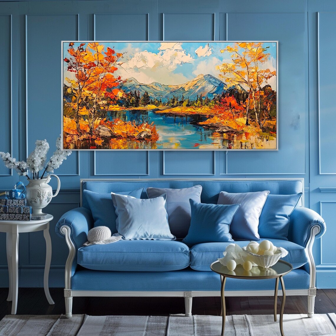 Fiery Autumn Mountain Lake Fall Foliage Impasto Oil Painting Wall Art - Image 3