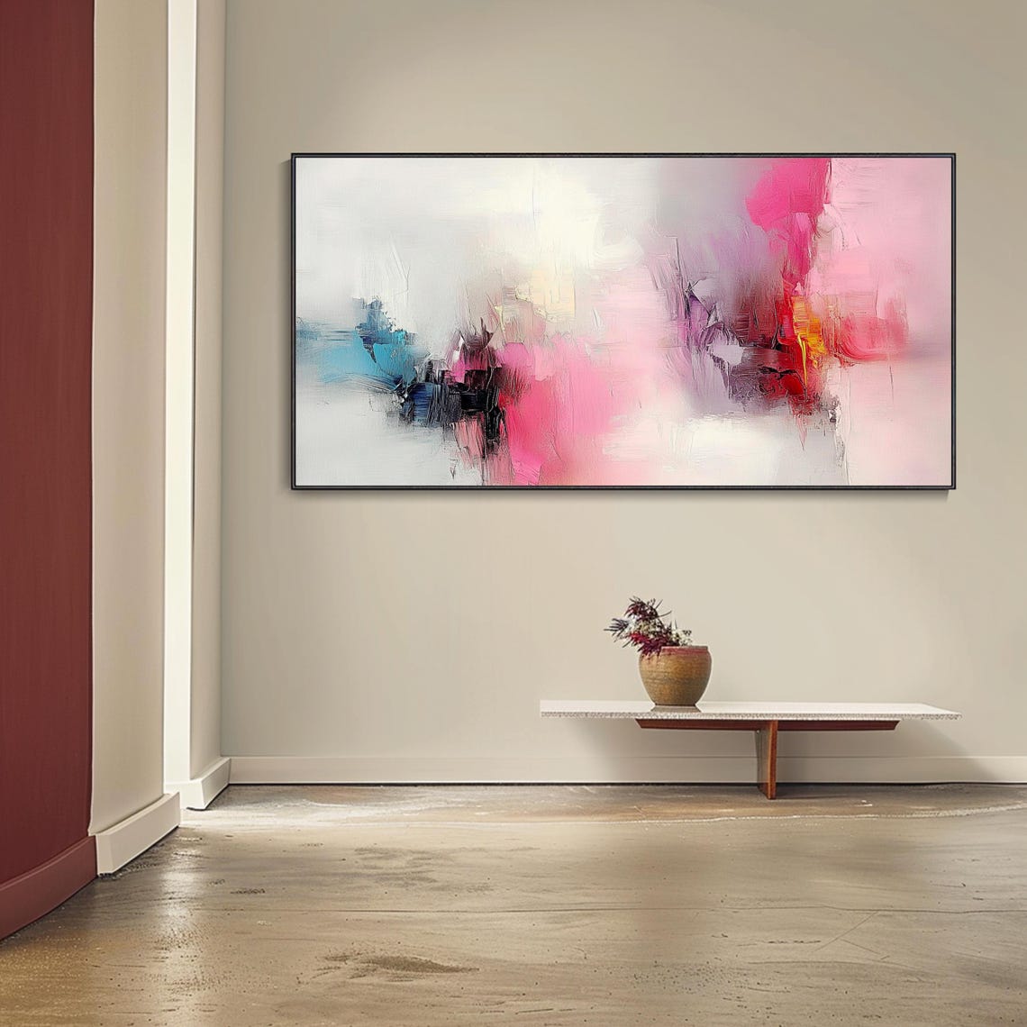 Soft Pink White Abstract Teal Accents Minimalist Modern Art Poster - Image 4