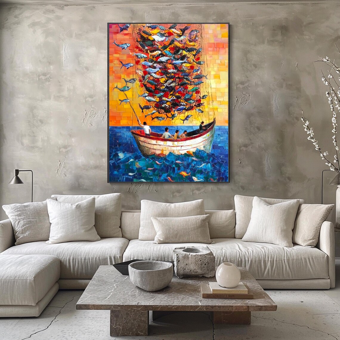 Fishermen Boat Full Net Colorful Fish Sunset Sea Nautical Wall Art - Image 3