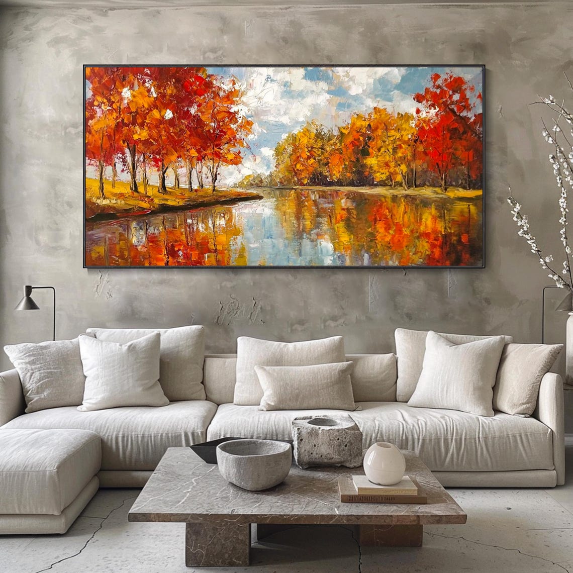Blazing Autumn Trees River Reflection Red Orange Foliage Art Poster - Image 2