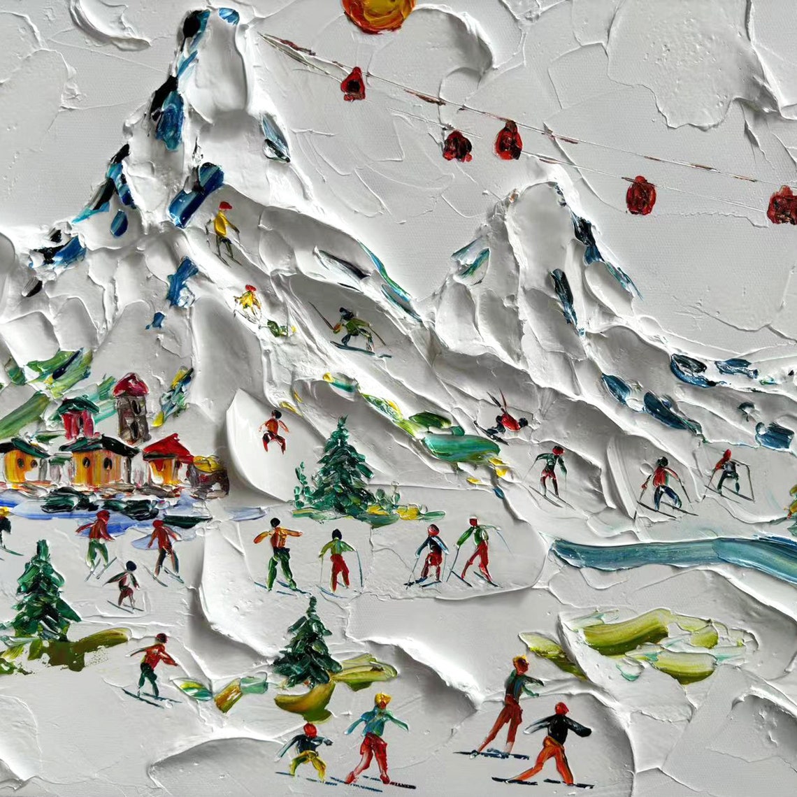 Skiing Art Original Framed Skier Painting White Ski Thick Texture 3d Knife Plaster Style Wall Art Personalized Gift Skier Present Ski Lover - Image 2