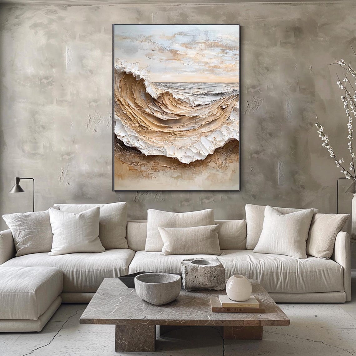 Neutral Beige Ocean Wave 3D Textured Minimalist Wabi Sabi Wall Art - Image 4