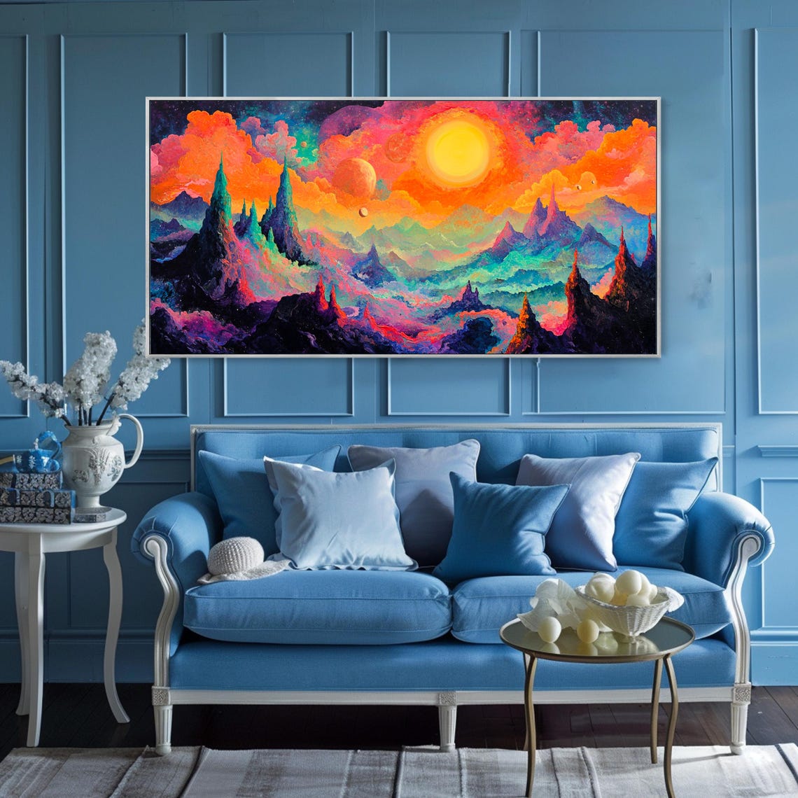 Neon Fantasy Mountains Vivid Sunset Surreal Landscape Cosmic Wall Art - Image 2