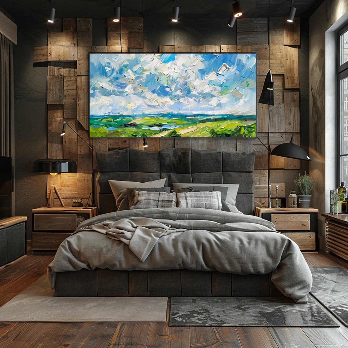 Dramatic Cloud Sky Green Rolling Hills Impasto Landscape Art Poster - Image 3