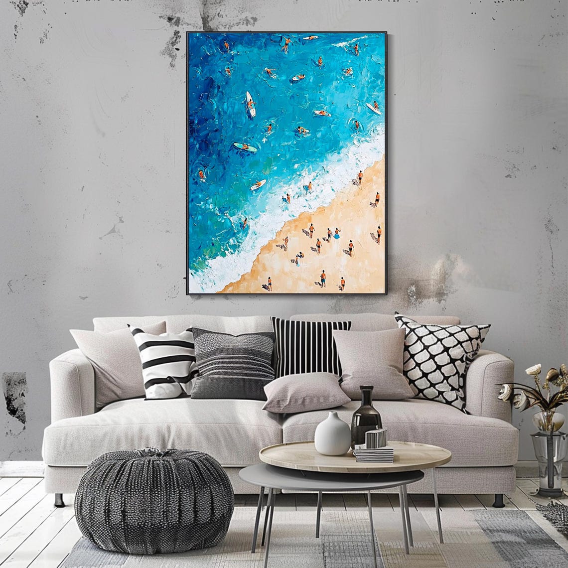 Aerial Beach Crowd Turquoise Water Swimmers Surfers Impasto Wall Art - Image 4