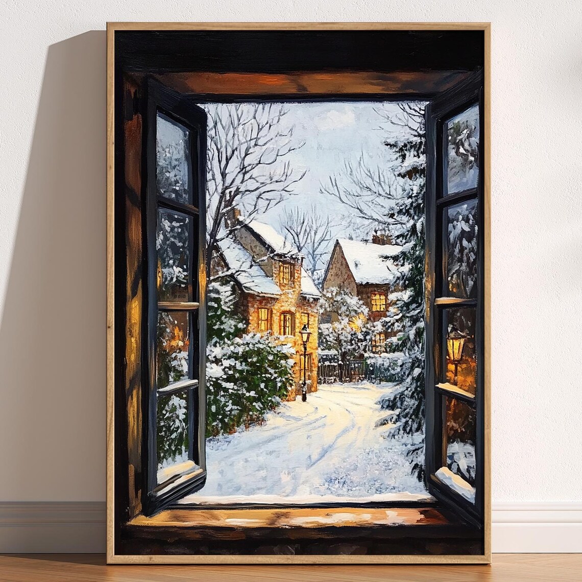 Open Window Snowy Christmas Village Scene Winter Landscape Poster