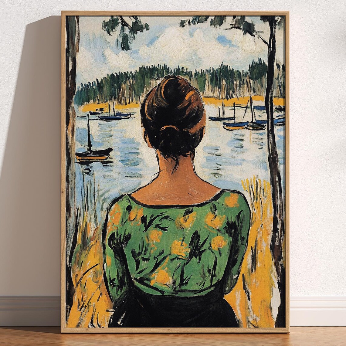 Woman Watching Harbor Boats Colorful Fauvist Style Art Poster