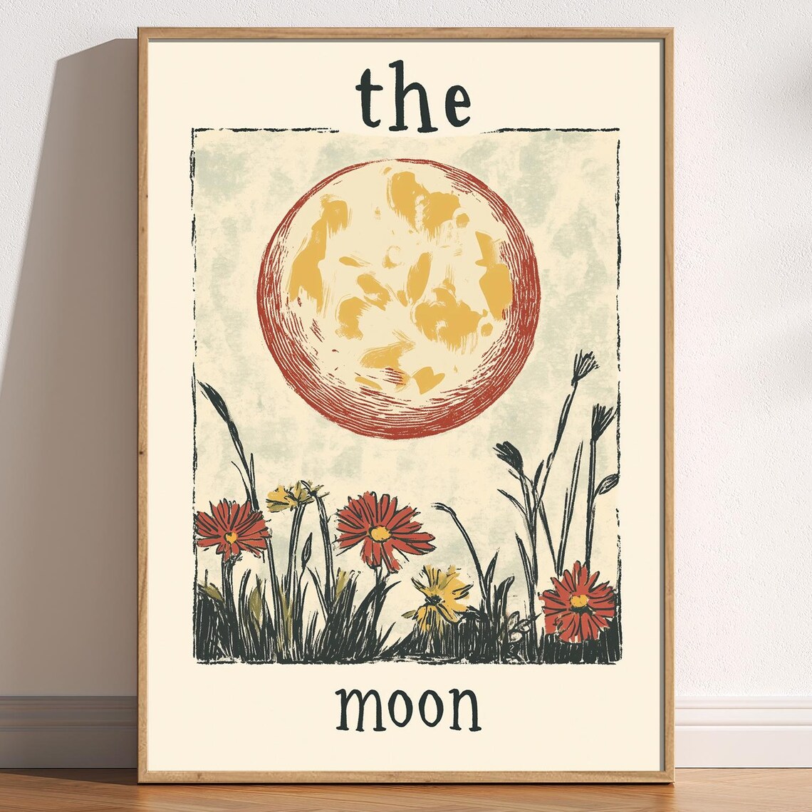 The Moon Tarot Card Wildflower Celestial Vintage Botanical Poster