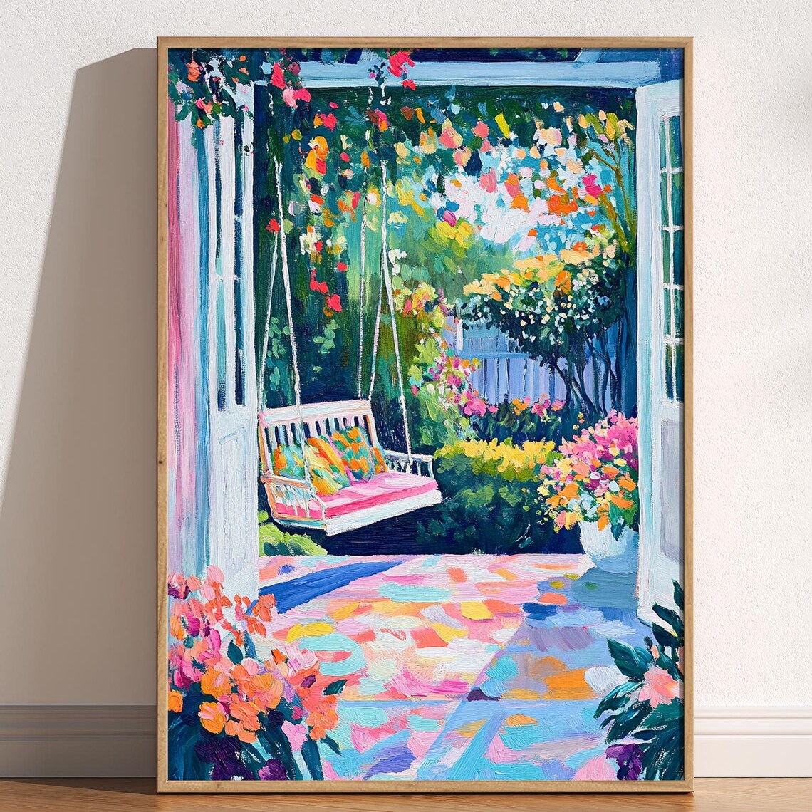 Colorful Porch Swing Garden Floral Impressionist Style Poster