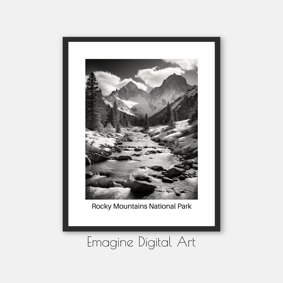 Rocky Mountains National Park Black White Stream Peaks Photo Poster