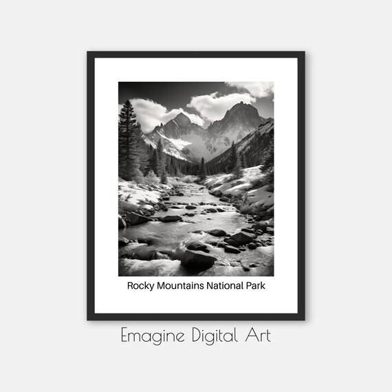 Rocky Mountains National Park Black White Stream Peaks Photo Poster