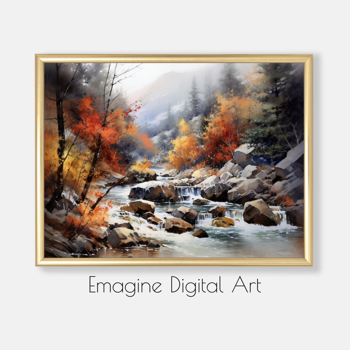 Autumn Mountain Stream Watercolor Fall Landscape Painting Art Poster
