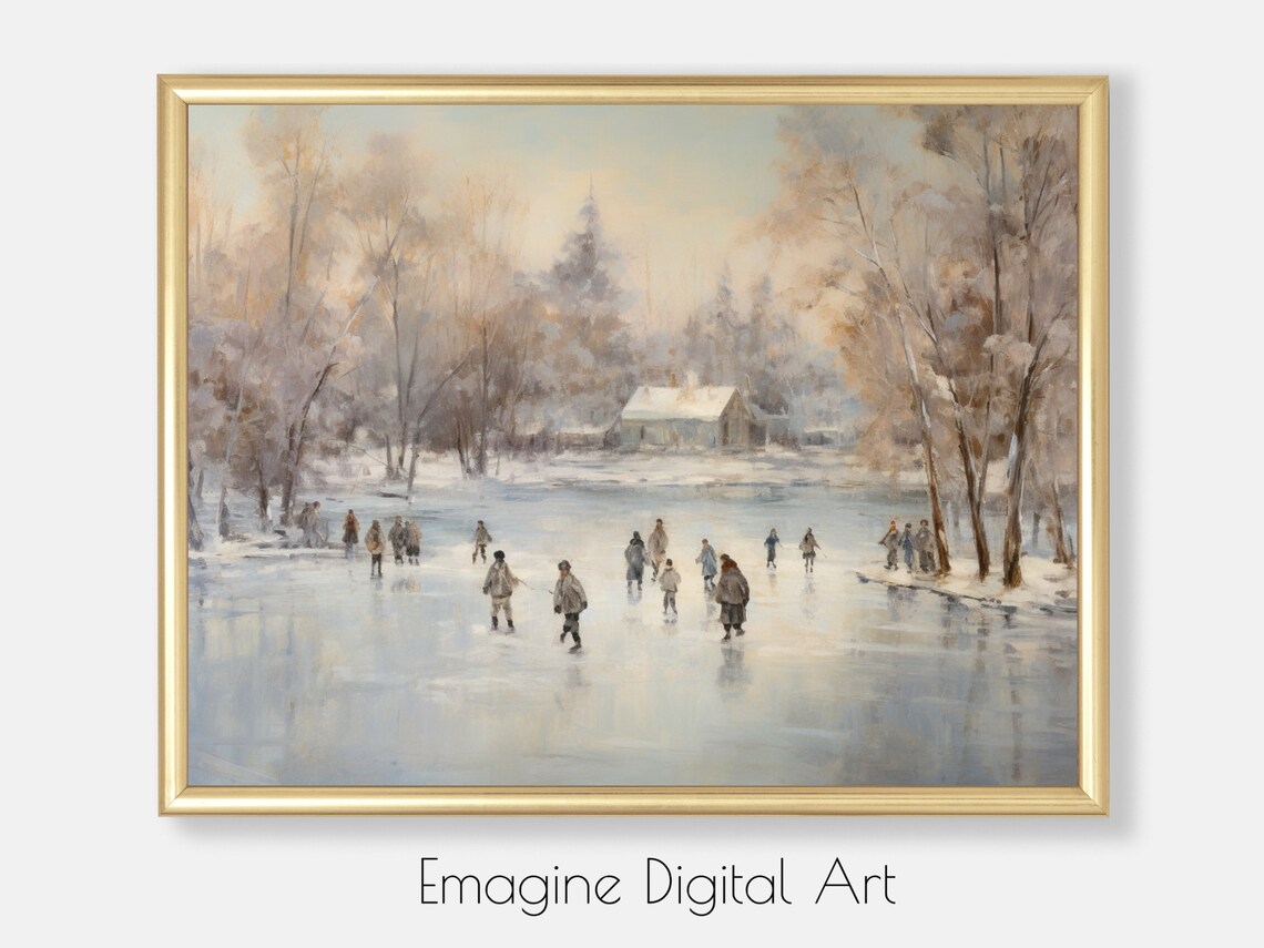 Ice Skaters on Country Lake, Vintage Winter Art Print